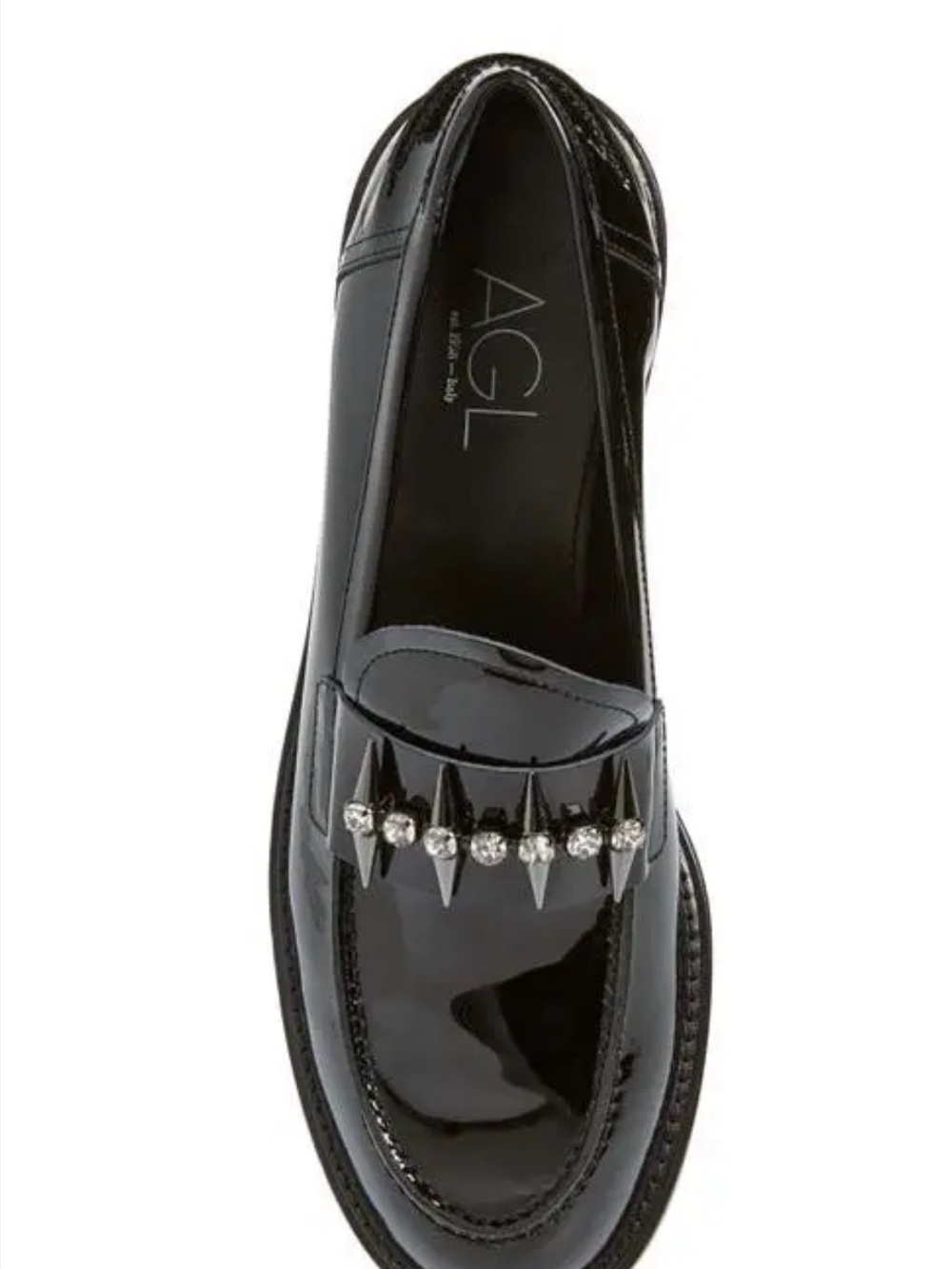 Agl Black Patent Leather Loafers with Crystal Spike Accents